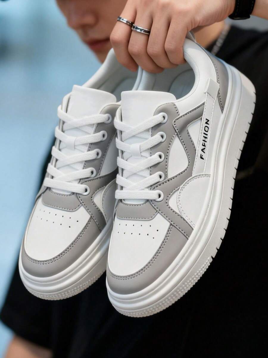 Zapatos deportivos para hombre, zapatos deportivos con bloques de color para hombre, zapatos casuales para hombre, zapatos deportivos para estudiantes, zapatos con cordones antideslizantes multifuncionales, adecuados para la escuela, los desplazamientos y el uso diario. - Gris blanco - Ver 1