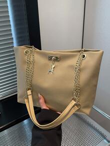 女士大容量手提包，时尚链条单肩包，新款时尚腋下包，复古亚麻托特包 - 卡其色 - 查看 6