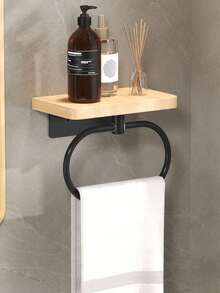 1pc Bathroom Towel Ring, Wall Mounted Towel Holder With Wooden Rack, Towel Hook, For Bathroom Storage And Organization, No Drilling Required, Easy Installation, Bathroom Accessory - Multicolor - View 2
