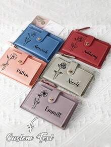 1pc Personalized Short PU Wallet, Customizable Birthday Floral Pattern & Name, Suitable For Students, Minimalist Snap & Zipper Design, Holds Cash, Coins, Cards - Multicolor - View 6