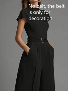 女士简约舒适黑色高领短袖连体裤，腰部收紧设计（无腰带，腰带仅作装饰用途），春夏秋季 - 黑色 - 查看 3