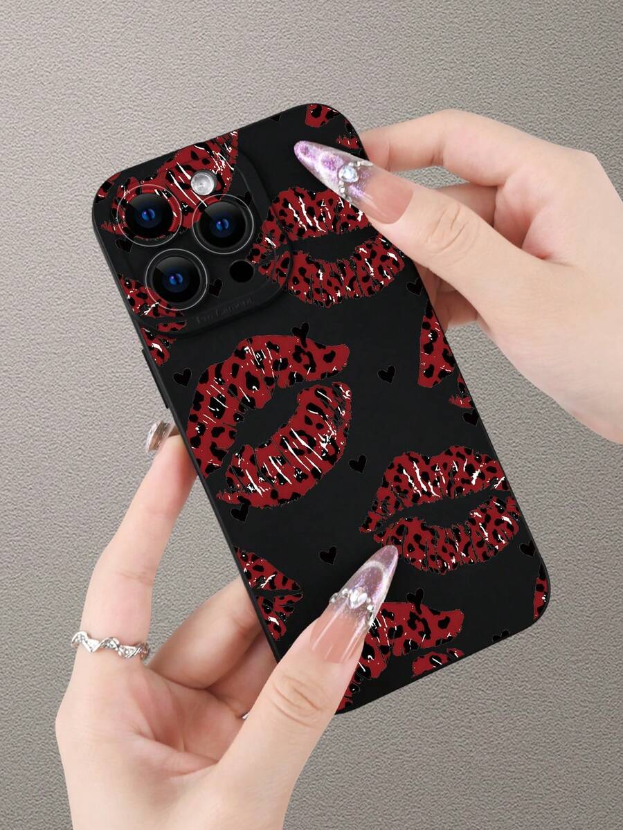 Fashionable Popular Personalized Red Leopard Print Lip & Heart Pattern Design Theme Luxury Shockproof Aesthetic Cute Phone Case,Lens Protrusion Protection , Compatible With For IPhone 17/17Pro/17Pro Max, 16,15,14, 13, 12, 11 Plus/Pro Max And Series,And Compatible With For Galaxy S/A Series, Gift For Easter Day, Christmas Halloween Decoration/Gift For Birthday, Girlfriend, Boyfriend, Friend Or Yourself. - 黑色 - 查看 1