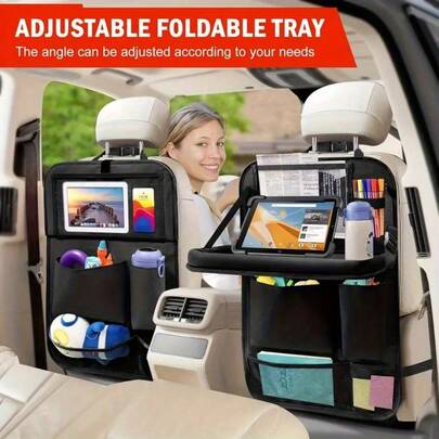 Car Backseat Organizer With Foldable Table Tray, 6 Storage Pockets, Tablet Holder And Kick Mat - Durable Polyester Travel Accessories For SUVs, Trucks,  (Black), Car Seat Back Protector, Vehicle Organization, Functional Design, Sturdy Structure
