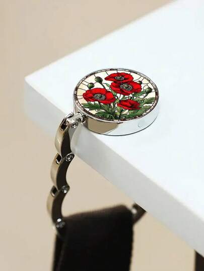 1pc Colorful Glass Poppy Metal Hook With Red Poppy And Green Leaf Design, Portable Foldable Round Hook For Bags, Tables, Desks, And Hanging Decor, Lightweight Travel Companion, Space-Saving Organizer Accessory For Home, Office, Kitchen, And Bedroom, Perfect Gift For Style Fans And Ornament Lovers, Mini Hook For Seasonal Displays And Giftable Decor