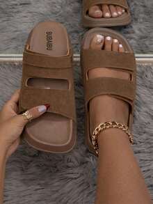 2026新款仿皮魔术贴拖鞋，吐司色，厚底Haken酷炫拖鞋，增高舒适拖鞋，不伤脚，假日必备 - 棕色 - 查看 3