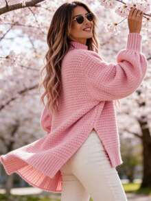 Women's 2026 Early Spring New Arrivals Chunky Rib Knit Oversized Sweater Mock Neck Side Slit Balloon Sleeve Relaxed Fit Athleisure Streetwear Fashion Soft Breathable Cozy Knit Fabric Multi Colors Pink/Beige/Lavender/Black/Coral Comfortable Casual Daily Wear  Popular Women's Pullover Sweaters - Hồng - Xem 1