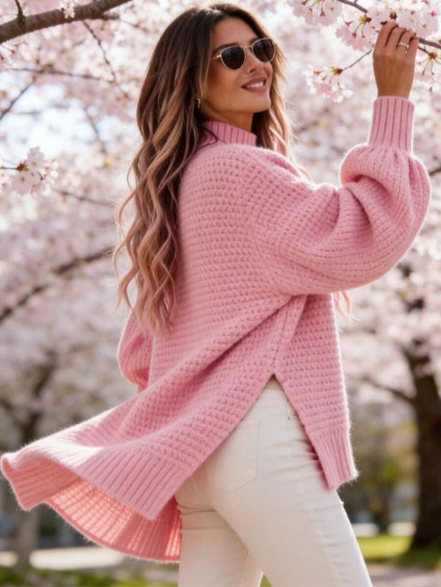 Women's 2026 Early Spring New Arrivals Chunky Rib Knit Oversized Sweater Mock Neck Side Slit Balloon Sleeve Relaxed Fit Athleisure Streetwear Fashion Soft Breathable Cozy Knit Fabric Multi Colors Pink/Beige/Lavender/Black/Coral Comfortable Casual Daily Wear  Popular Women's Pullover Sweaters - Hồng - Xem 1