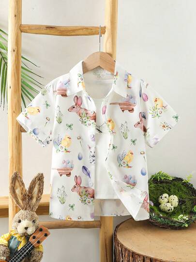 Camisa de niño con elementos de Pascua, estampado de pollito + huevo + conejo de manga corta, cuello casual, adecuado para niños en exteriores, festivales, fiestas, uso diario, camisa regalo de Pascua