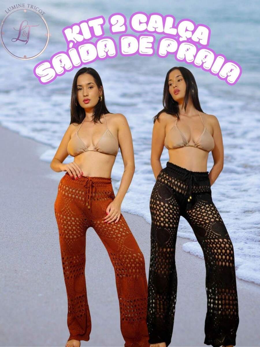 Set Of 2 Knitted Crochet Wide-Leg Mesh Beach Cover-Up Pants - Stylish Summer Fashion - Comfortable - 黑焦糖 - 查看 1