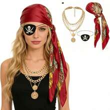 三件套嘉年华派对服装套装 - 新款缎面海盗头箍、腰带、毛毡骷髅面具和眼罩，趣味角色扮演中世纪文艺复兴海盗装扮，含海盗面具，适合情人节化装舞会、圣诞派对等场合。 - 彩色 - 查看 1