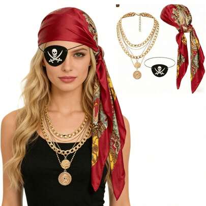 3 قطع مجموعة زي حفلة الكرنفال - عصابة رأس قرصان من الساتان الجديد، حزام، قناع جمجمة من الشعر الاصطناعي وقطعة عين، زي قرصان كوسبلاي طريف للعصور الوسطى والنهضة، مناسب لحفلات عيد الحب والكريسماس