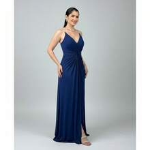 Elegant Women's Long Dress For Bridesmaids, Wedding Guests, Graduations, Birthday Parties, 15th Birthday, Straps, Rhinestones, Padded Cups, Slit, Lined Fabric - 藏蓝色 - 查看 4
