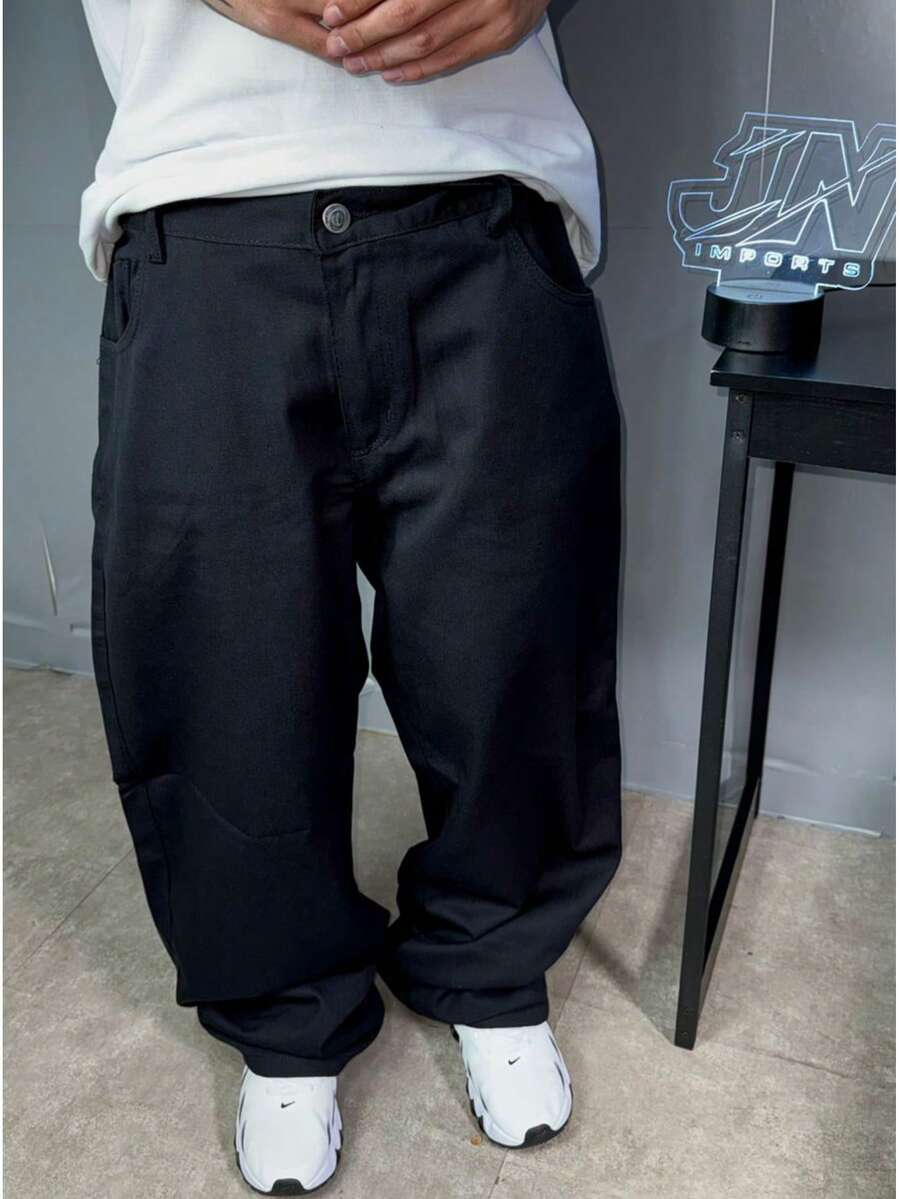Calça Balão/Baggy Preto-Sarja Dazzling Original Larga Sportlife Basica  Calças Jeans