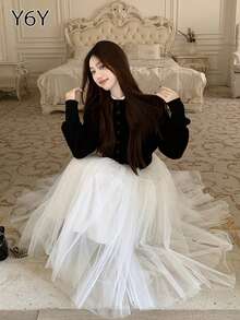 [Y6Y] Elegant Casual Women's A-Line Mid-Length Tulle Flared Skirt, Suitable For Spring/Summer Ethereal Goddess Outfit
