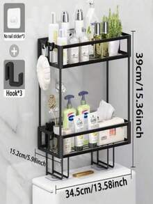1-Piece Bathroom Storage Rack Set - Wall Mounted Floating Rack With 2 Hooks And Toilet Paper Holder, Sturdy Metal Toilet Storage Rack For Toiletries, Towels, And Decorations, Multifunctional Space Saving Solution For Bathroom Vanity, Toilet, And Toilet, Perfect Holiday Gift - 黑色 - 查看 3