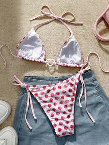 Bộ bikini 2 mảnh in hình trái tim và dâu tây, đồ đi biển cho bé gái đi nghỉ mát. - Hồng - Xem 5