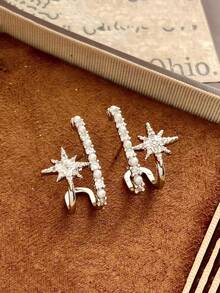 1 Pair Elegant High-Quality Pearl Starburst 925 Sterling Silver Stud Earrings, Fashionable Everyday Wear Cubic Zirconia Jewelry Gift For Women - Earrings - View 7