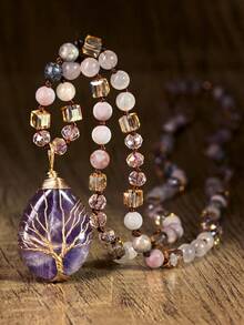 Dây chuyền hạt đá thạch anh hồng tự nhiên với mặt dây chuyền hình giọt nước - Phong cách Bohemian độc đáo, hoàn hảo cho trang phục thường ngày và là món quà lý tưởng cho Ngày của Mẹ. - Hồng - Xem 13