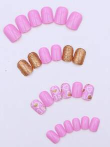 96pcs Valentine'S Day Nail Care Square Press Type Nail Care, Advanced Glitter Glossy Design, Reusable Stick Shaped Gel Press Type Acrylic False Nail, 1pc Nail File And 1Nail Glue Sticker Kit Nails ,With Patterns, Small Square Glue Nail Care, Women'S Gift Nail Supplies - Multicolor - View 2