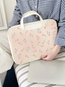 1pc Pink Tulip Flower Pattern Lightweight 16/15/14 Inch Laptop Bag, PU Leather Waterproof Padded Shockproof Laptop Sleeve, Essential For College Students And Lightweight Travel - Beige - View 3