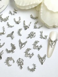 20Pcs Random Mixed Alloy French Nail Drill Silver Rhinestone Nail Charms 3D Flat-Bottomed Diamond French Style Nail Art Accessories DIY Nails - Silver - View 4