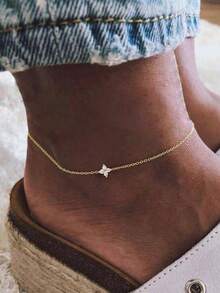 1条时尚简约金色铜链镶嵌锆石四叶草脚链，适合女性海滩、度假、休闲场合佩戴 - 金黃色 - 查看 1