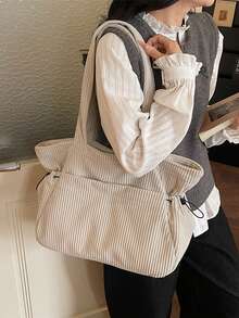 1pc Corduroy Tote Bag For Women, Large Capacity, 2026 New Autumn/Winter Versatile Casual Shoulder Bag, Suitable For College Students - Beige - View 6