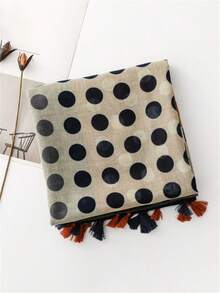 1pc Vintage French Polka Dot Patchwork Contrast Color Women's Scarf, Soft , Fashionable Lightweight Fringed Shawl, Suitable For Beach, Vacation, Travel