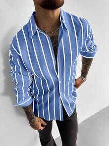 GloMan 男士经典黑白条纹长袖衬衫，亚麻质感休闲办公通勤衬衫，四季皆宜的经典款式，圣诞节新年礼物，母亲节礼物 - 藍白色 - 查看 4