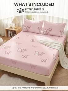 2/3pcs Printed Fitted Sheet Set (1 Sheet Set + 1/2 Pillowcases Without Insert), Pink Butterfly Print, Skin-Friendly Mattress Cover, Pattern Printed Mattress Protector, Comfortable And Soft, Breathable And Warm, Multi-Size, Suitable For Full/Twin/Double/Queen/King Bed, Machine Washable, Home Decoration, Room Decor, Bedroom Decor, Oeko-Tex Certified - Multicolor - View 3