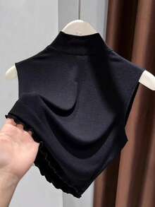 Áo vest không tay cổ đứng mới cho nữ mùa xuân sớm 2026, áo lót hai dây màu đen ôm dáng có viền bèo nhún, kiểu dáng thường ngày. - màu đen - Xem 6