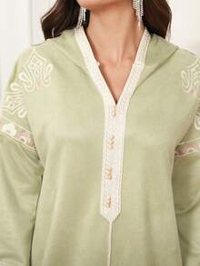 2026 New Style Ramadan Traditional Elegant Embroidered V-Neck Long Sleeve Dress For Women - Green - View 3
