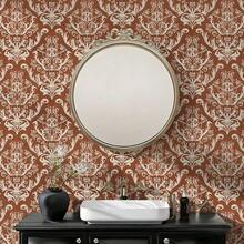 1卷欧式复古红色乙烯基自粘壁纸，时尚优雅风格，PET无缝可剥离接触纸，防水防潮墙面保护膜，易于粘贴和移除，经久耐用，适用于厨房、餐厅、卧室、客厅、电视墙、橱柜和家具翻新、出租房装饰，直纹对花，尺寸为17.32x118.11/196.85/393.7英寸 - 彩色 - 查看 6