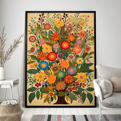 1pc FolkFolk Flower Art Print,Colourful Cottagecore Boho Floral Illustration, Cozy Wall Art,Canvas Art Wall, Room Posters, Home Decoration, Room Decoration Items, Bedroom, Kitchen, Living Room, Corridor Decoration, Optional Frames