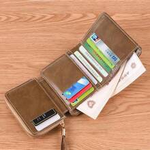 新款男士短款钱包，多卡位，按扣闭合，拉链零钱包，三折钱包，多功能商务休闲钱包 - 卡其色 - 查看 2