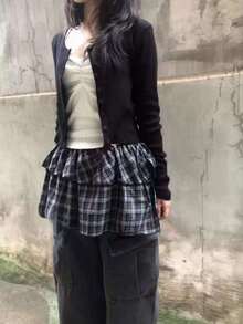 简约罗纹纽扣休闲开衫，百搭显瘦，韩版风格，春夏款 - 黑色 - 查看 4