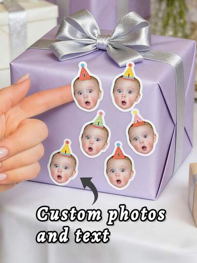 6/12/24pcs Customized Children's Facial Photo Birthday Hat Stickers, Personalized Facial Party Stickers, Customized Photo Name Birthday Decoration Stickers, Creative Cartoon Birthday Hat Stickers, Children's Birthday Party Decoration Supplies, Baby And Toddler Birthday Gifts, Suitable For Birthday Party Cake Decoration Gift Packaging Party Decoration