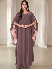 Women's Round Neck Contrast Color Design Pearl Detail Soft Comfortable Long Arabic Abaya, Suitable For Festivals, Daily Wear And Multiple Occasions Spring - Redwood - View 5
