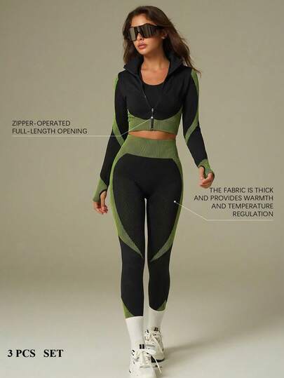 UONNOU Conjunto deportivo de 3 piezas para mujer, sujetador + top de manga larga + pantalón largo moldeador, ropa casual para exteriores para mujer, ropa deportiva, ropa moldeadora, ropa ajustada, estilo chaqueta, estilo motociclista, cuello alto, apertura completa con cremallera, diseño deportivo con orificio para el pulgar, chaleco de sujetador con tiras cruzadas, top moldeador súper corto, levanta los glúteos, adelgaza la cintura y el abdomen, da forma a las piernas y te hace lucir más delgada, pantalones largos deportivos ajustados, alta elasticidad y alta forma, tejido suave de punto sin costuras en forma de panal, adecuado para deportes y actividades al aire libre, yoga, gimnasio, correr, vida diaria informal, desplazamientos, fiestas y festivales, etc., conjunto deportivo y para exteriores de moda para todas las estaciones, otoño e invierno, primavera y otoño.