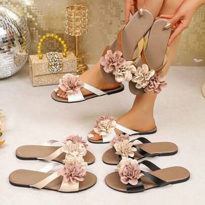 Women's Minimalist Style Flat Sandals, Solid Color Soft Flat Slippers With Floral Upper Design