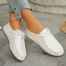 女士系带平底乐福鞋，休闲日常穿着，轻便软底真皮一脚蹬鞋，白色，春季 - 白色 - 查看 1