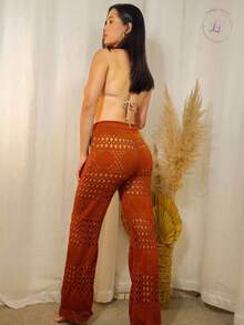 Kit 2 Calças Saída de Praia Tricot Crochê Pantalona Teladas Estilosa Moda Verão Confortavél - Caramelo e Preto - Visão 7