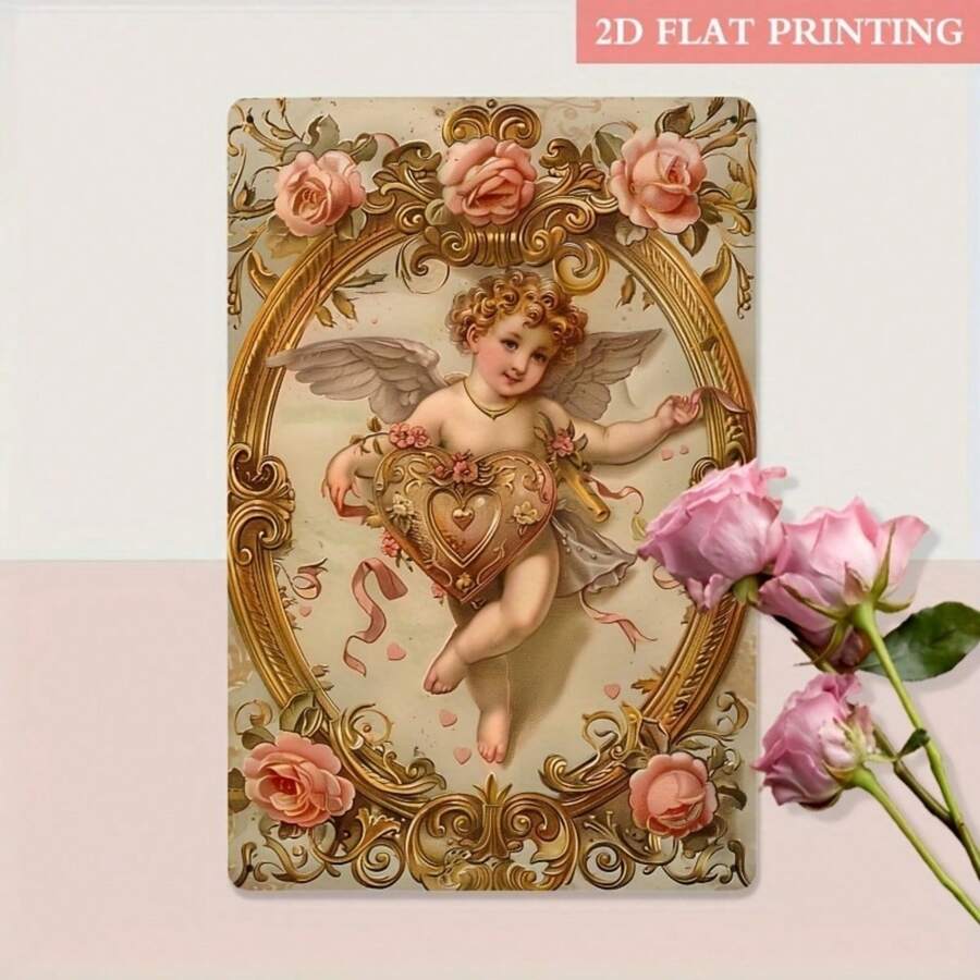 2D Flat Vintage Angel Red Heart Iron Plaque Sign, 8x12 Inches, Romantic Home Decor Sign, Suitable For Bedroom, Couple's Room, Valentine's Day, Wedding, Anniversary And Other Holiday Decoration, 2D Flat, Perfect For Room Decor - Metal Spray Paint - View 1