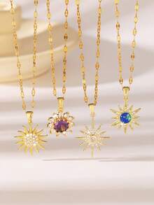 1件时尚欧美风格向日葵镶嵌闪亮锆石设计，不锈钢镀金链项链，适合女性日常佩戴、重要场合、约会、聚会、节日等。 - 金黃色 - 查看 11