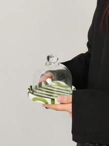 1pc Ceramic Striped Dessert Tray With Glass Lid. Can Be Used As A Cake Stand, Mini Tray, Serving Plate, And Pastry Dish. Ideal For Afternoon Tea, Also Suitable For Bedroom, Living Room, Hotel, And Camping. - Multicolor - View 14
