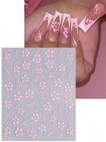5D Gold Line Hibiscus Flower Nail Sticker Embossed Metallic Asymmetric Square Frame Pink Red Floral Petals Bowknot DIY Spring Summer Elegant Y2K Style Self-Adhesive Gel Polish Decal Sliders Holographic Nail Art Decoration Home Salon Nail Supplies Nails - 彩色 - 查看 6
