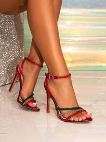 Sandalias de tacón alto para fiesta de boda con múltiples tiras de lujo con strass, sandalias de tacón alto con puntera puntiaguda y tiras cruzadas en bloques de color - Multicolor - Ver 2