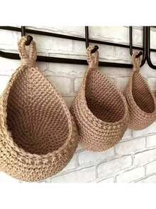 3 PiecesBohemian Lace Wall Hanging Baskets - Light Brown Fabric Storage Hooks, Available In Two Sizes, Suitable For Kitchen, Garlic And Onion Racks, Home And Dining Decor Shelves, Multi-Purpose Organizers For Fruits, Vegetables, And More, Kitchen Storage Solution | Bohemian Style | Fabric Structure, Storage Baskets - Multicolor - View 5