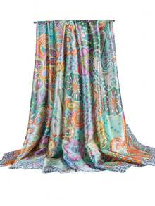 女士印花真丝围巾，复古风夏季沙滩罩衫，真丝颈巾，头巾，优雅百搭，适合晚礼服、旅行、办公、婚礼等场合。 - 彩色 - 查看 5