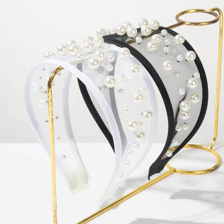 1件闪亮复古涤纶纤维珍珠优雅发箍，时尚网纱透明发箍/发夹，适合女性，可搭配连衣裙、海滩度假、日常穿搭，优雅可爱 - 彩色 - 查看 1